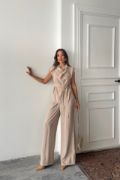 TENCEL MODAL KOLSUZ BLUZ KAPALI CEP DETAYLI DÖKÜMLÜ - PANTOLON TAKIM - Bej resmi